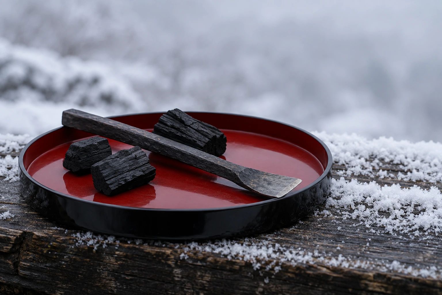 An unfinished hand-forged iron piece and charcoal on a black lacquer tray with a red interior, on snowy wood