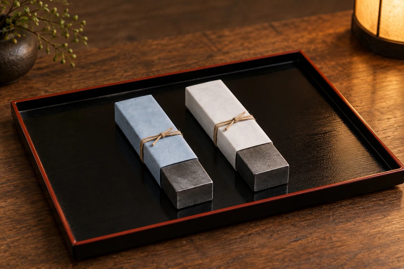 Two identical carbon steel bars on a black lacquer tray, one half-wrapped in pale blue paper and one in white