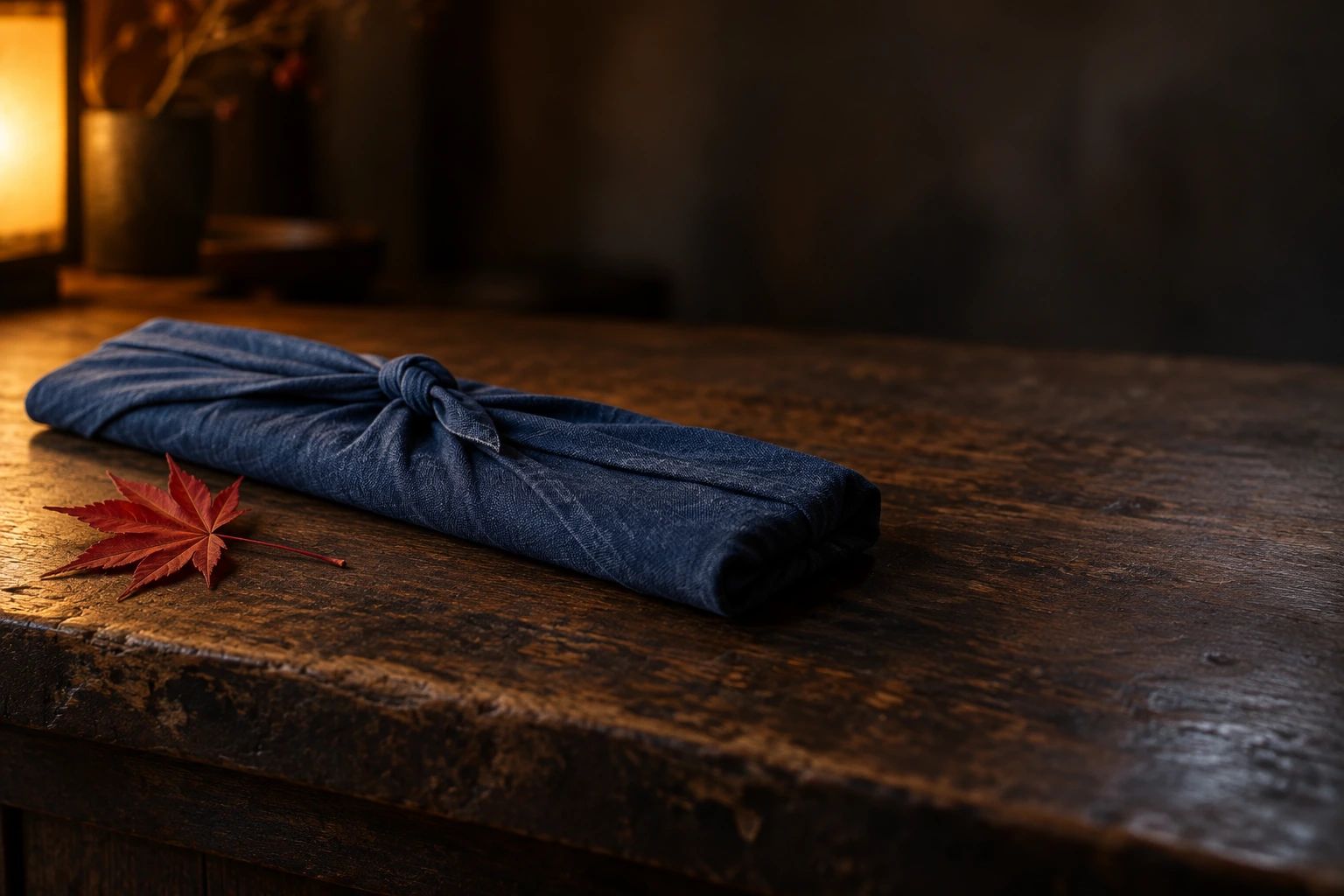 A long bundle wrapped and knotted in indigo cloth on an old wooden counter, with a red maple leaf