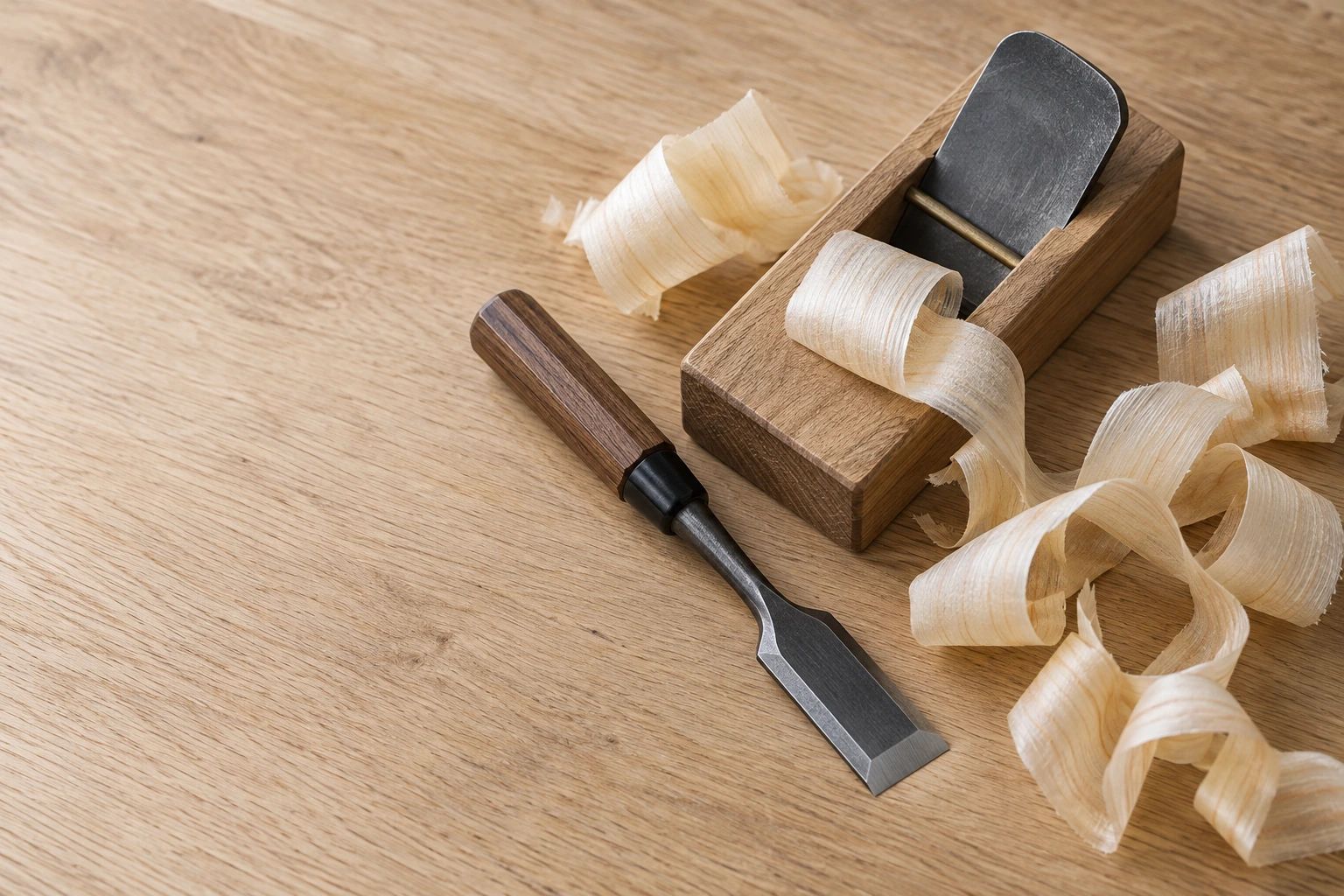 A chisel, a Japanese wooden plane and long curls of hinoki shavings on a solid wood workbench