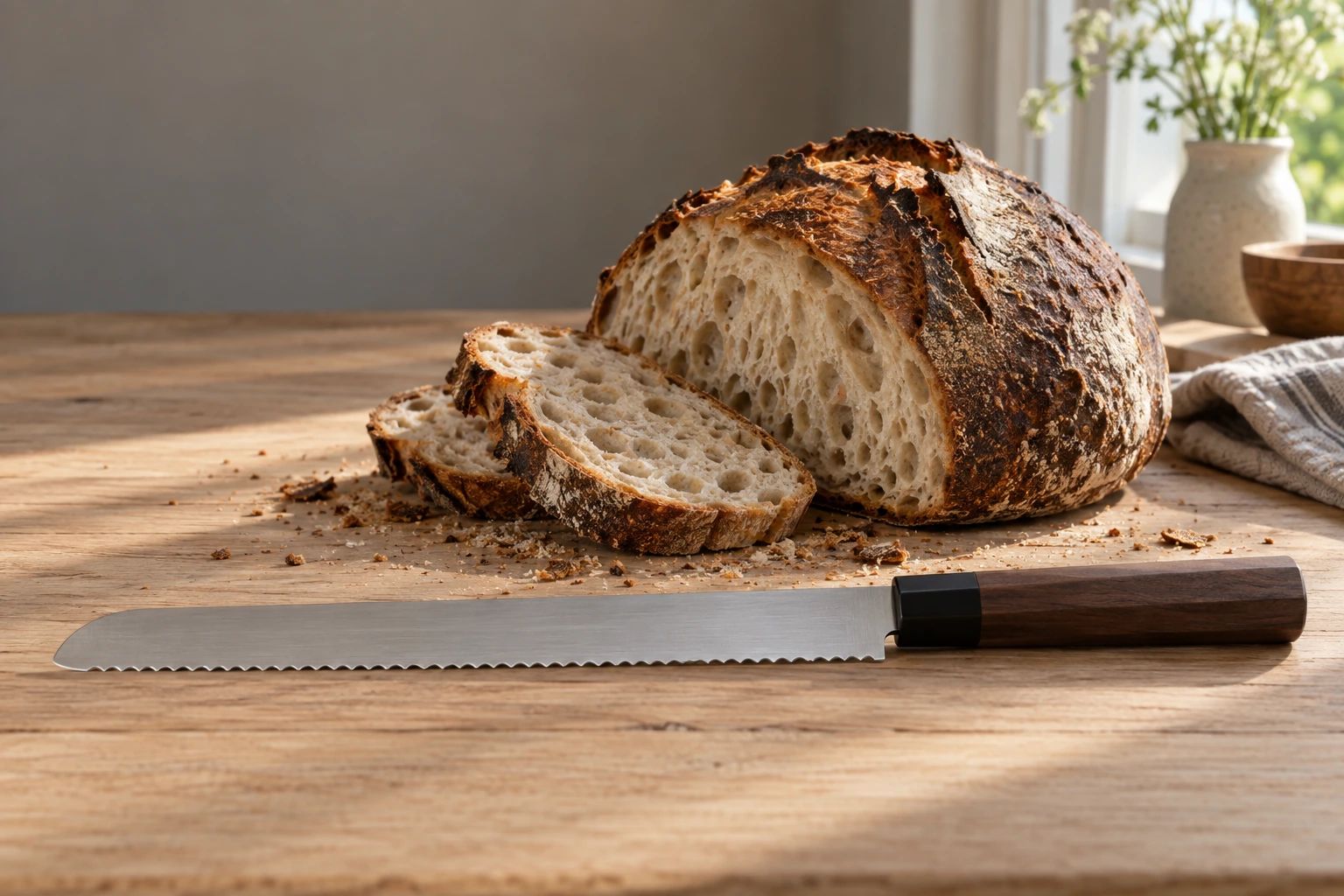 A serrated bread knife with a wooden handle lying on a table in front of a sourdough loaf and two cut slices