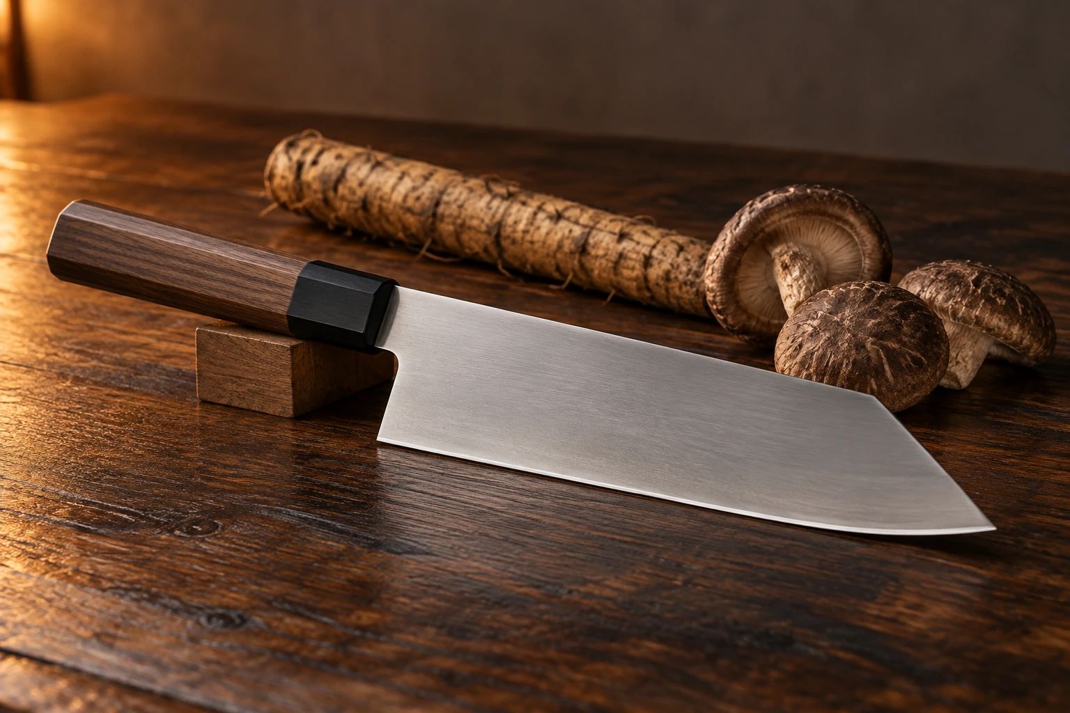 A bunka knife with an angled K-tip resting on a small wooden block beside a burdock root and shiitake mushrooms