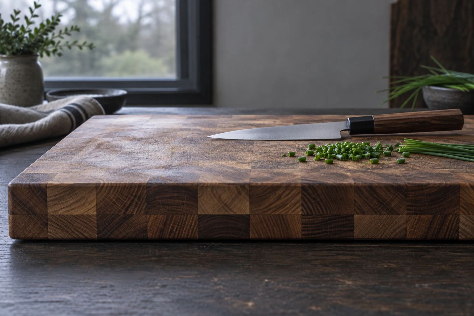 A thick end-grain wooden cutting board with a small petty knife and chopped chives on top