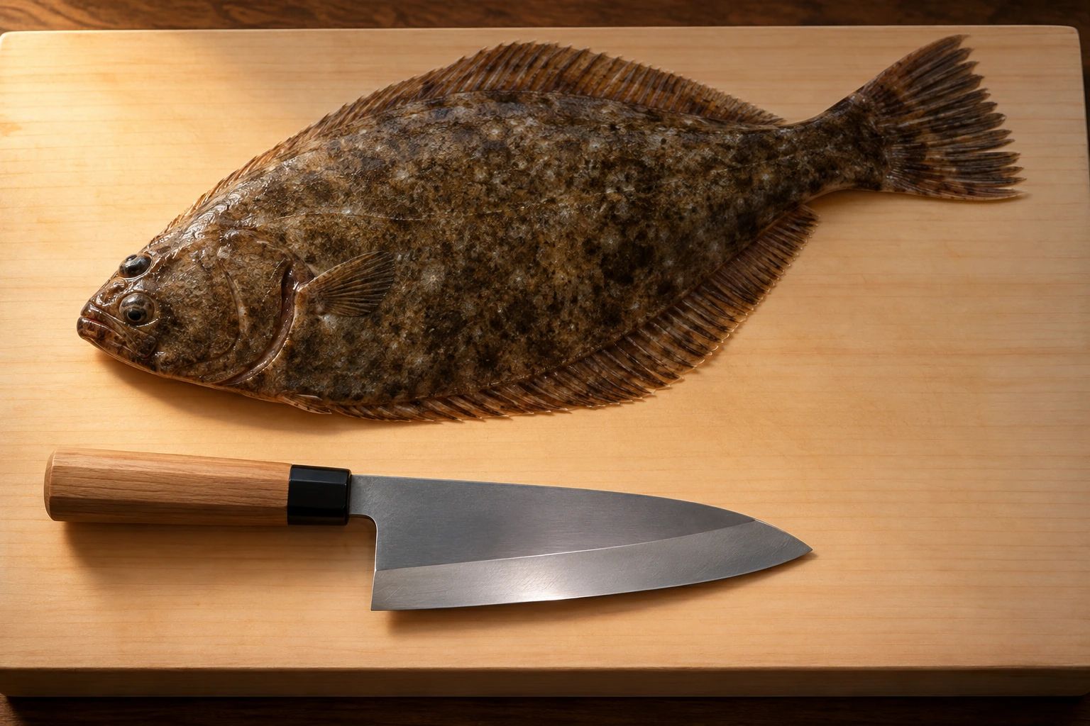 A single-bevel deba knife on a hinoki board below a whole flounder