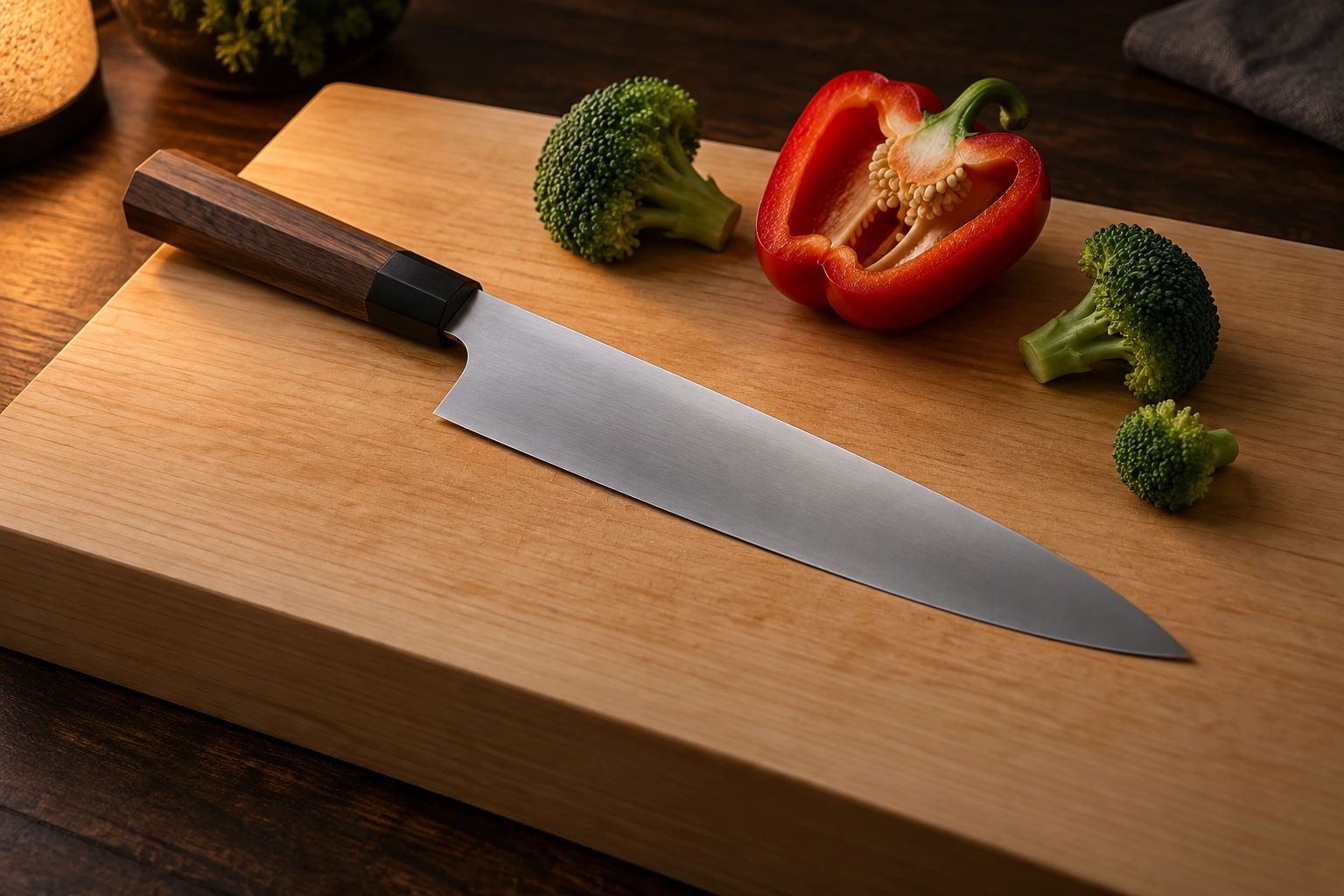 A gyuto on a hinoki cutting board with broccoli florets and a halved red pepper