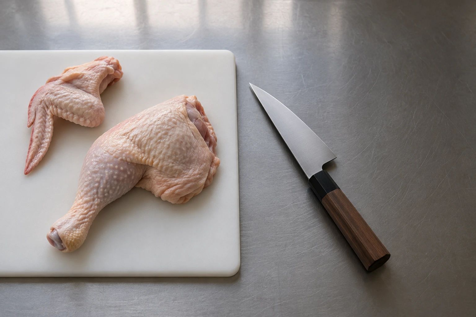 A short triangular honesuki on a steel counter next to a raw chicken leg and wing on a white board