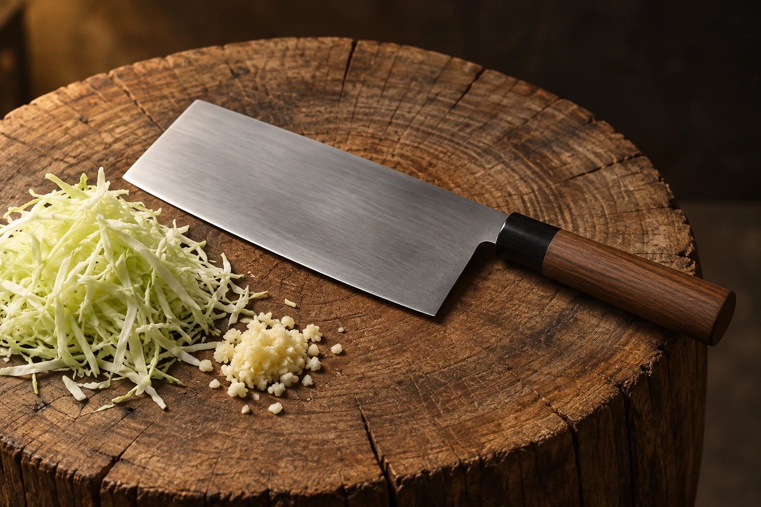 A thin rectangular Chinese-style cleaver on a round log block with shredded cabbage and minced garlic