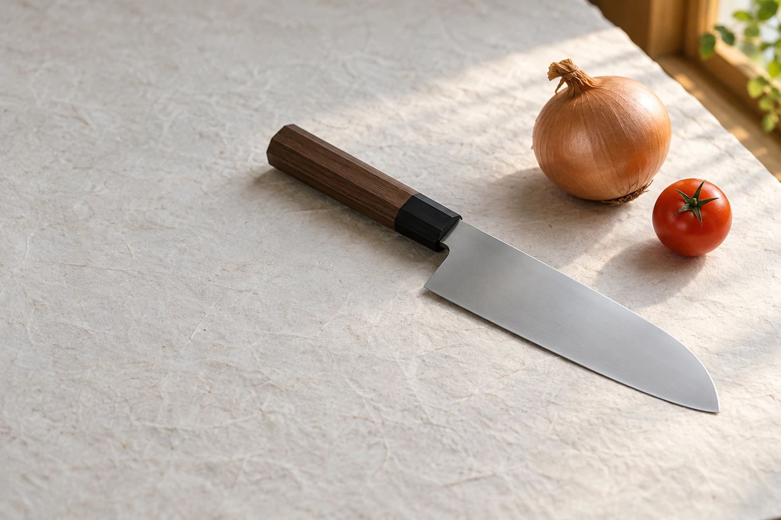 A stainless santoku on white washi paper with a whole onion and a small tomato