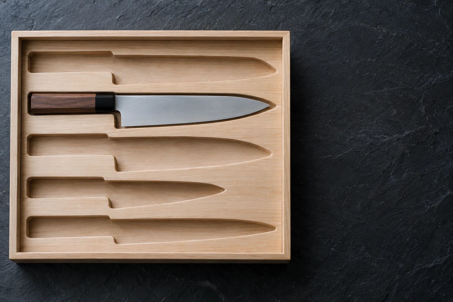 A plain wooden box with five knife-shaped slots, only one of them holding a gyuto