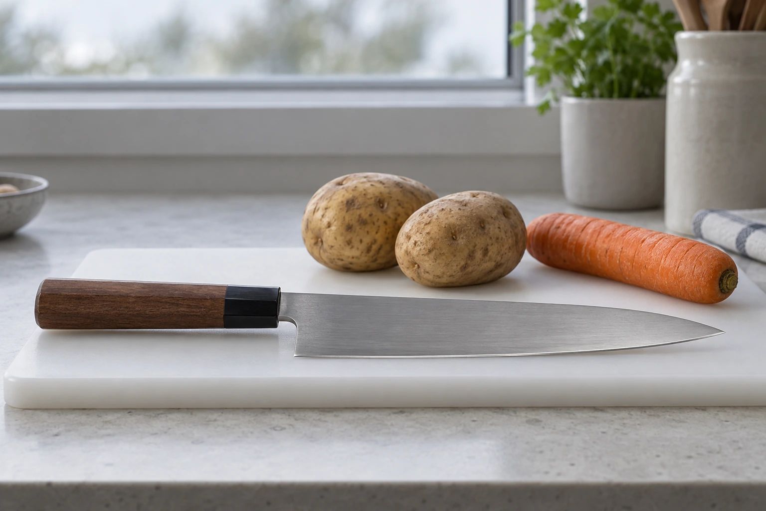 A stainless gyuto on a white plastic cutting board with two potatoes and a carrot in a home kitchen