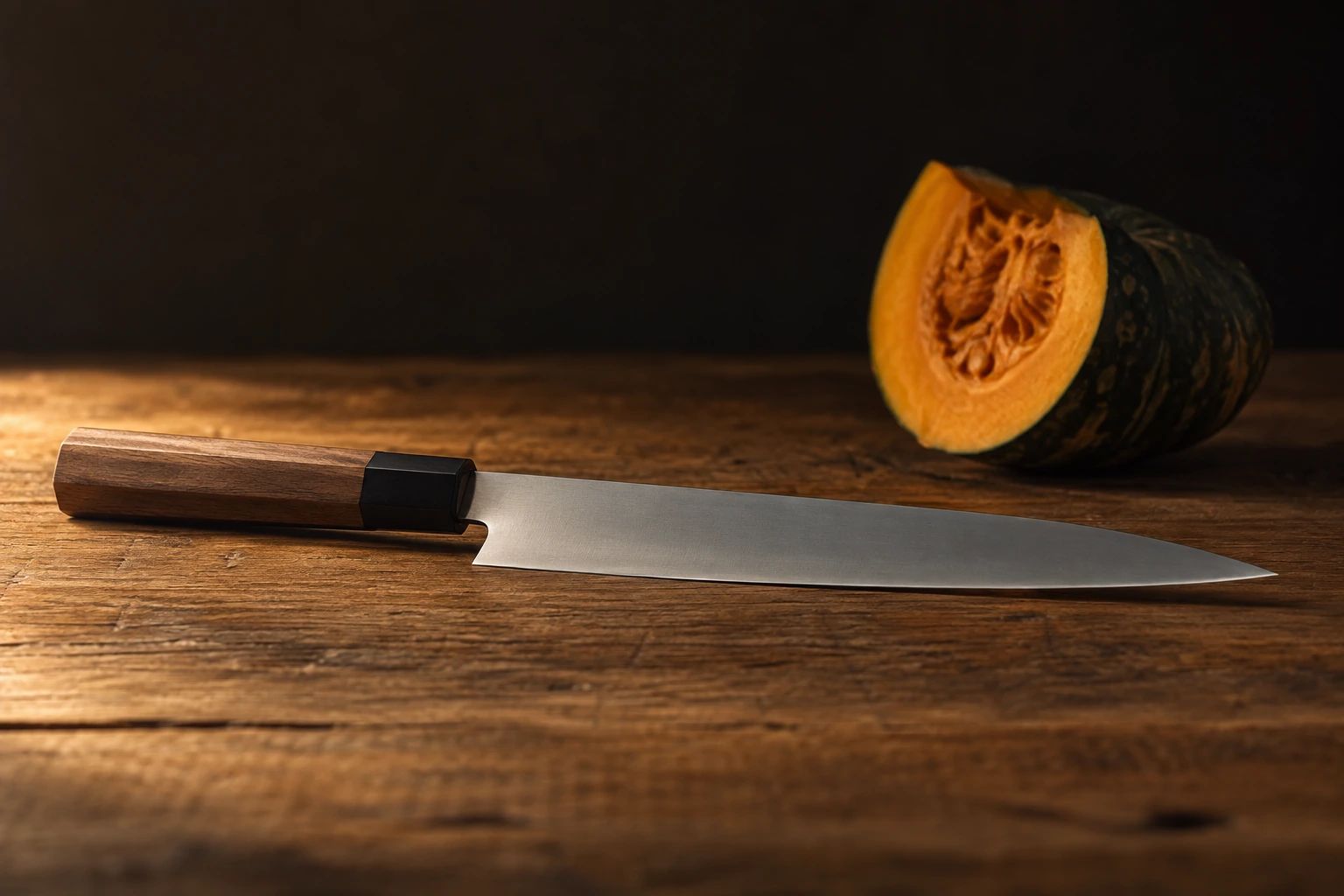 A gyuto with an octagonal wooden handle lying on an oak table, with a cut kabocha squash behind it