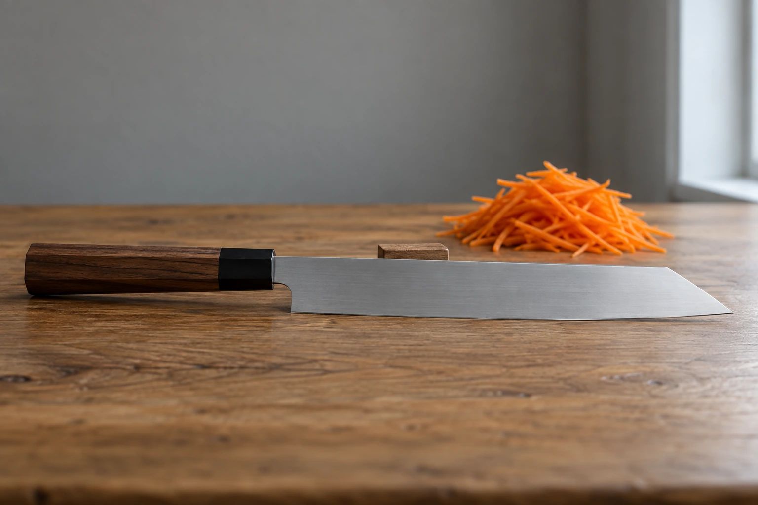 A long kiritsuke-style knife with an angled tip lying on an oak table beside julienned carrot