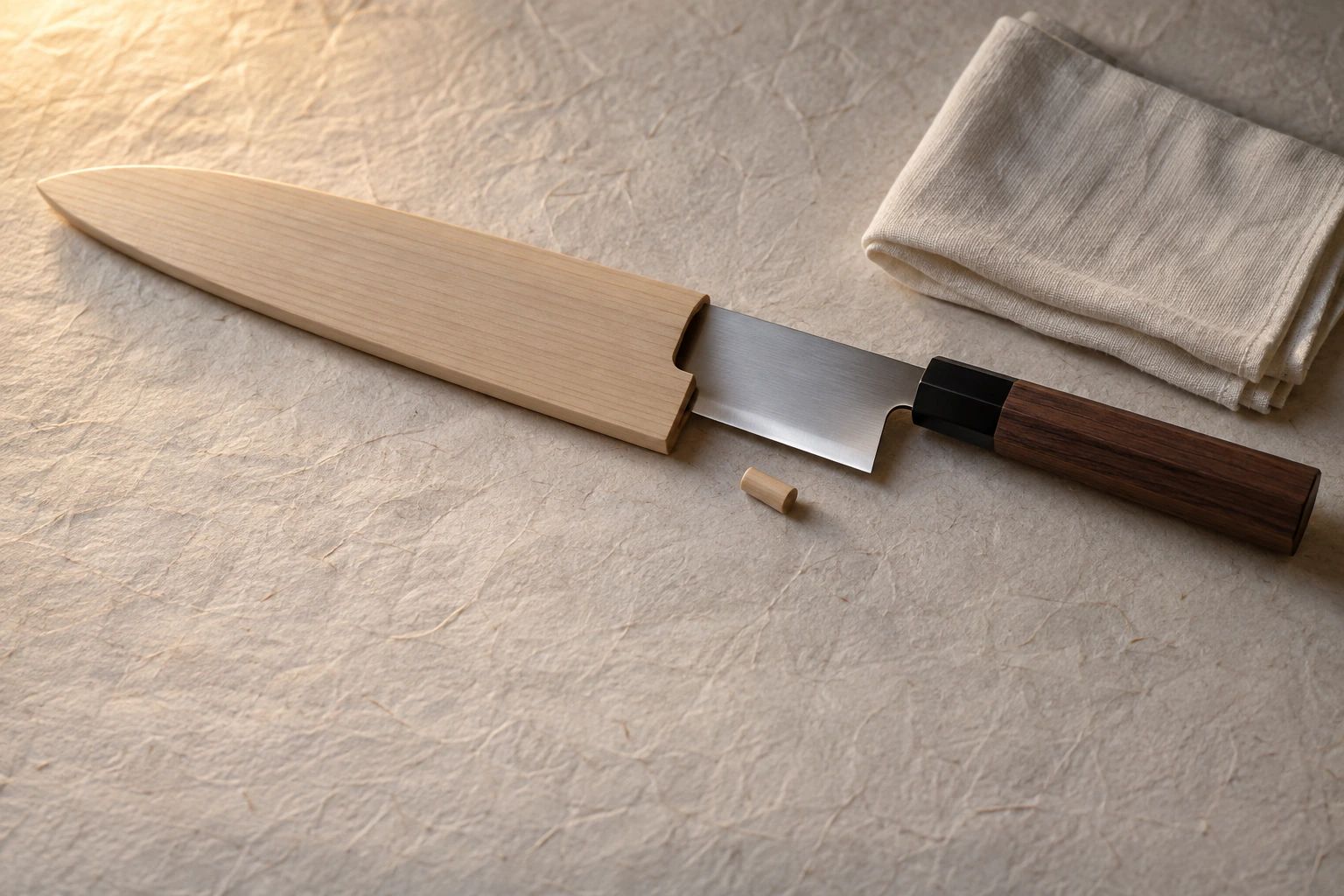 A knife partly slid into a plain wooden saya on washi paper, with its wooden pin and a folded cloth beside it