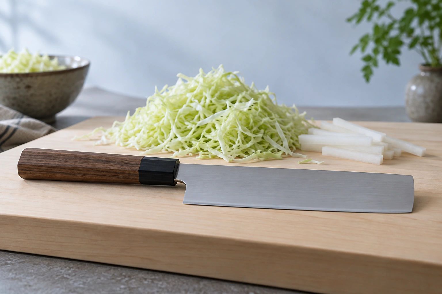 A nakiri on a hinoki board with shredded cabbage and daikon batons behind it
