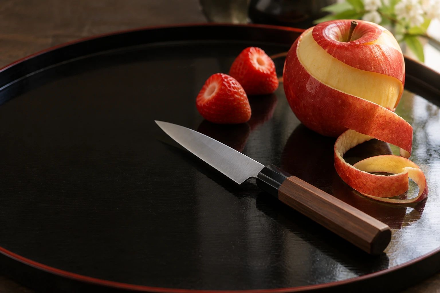 A small paring knife on a black lacquer tray beside an apple peeled in a long spiral and two strawberries