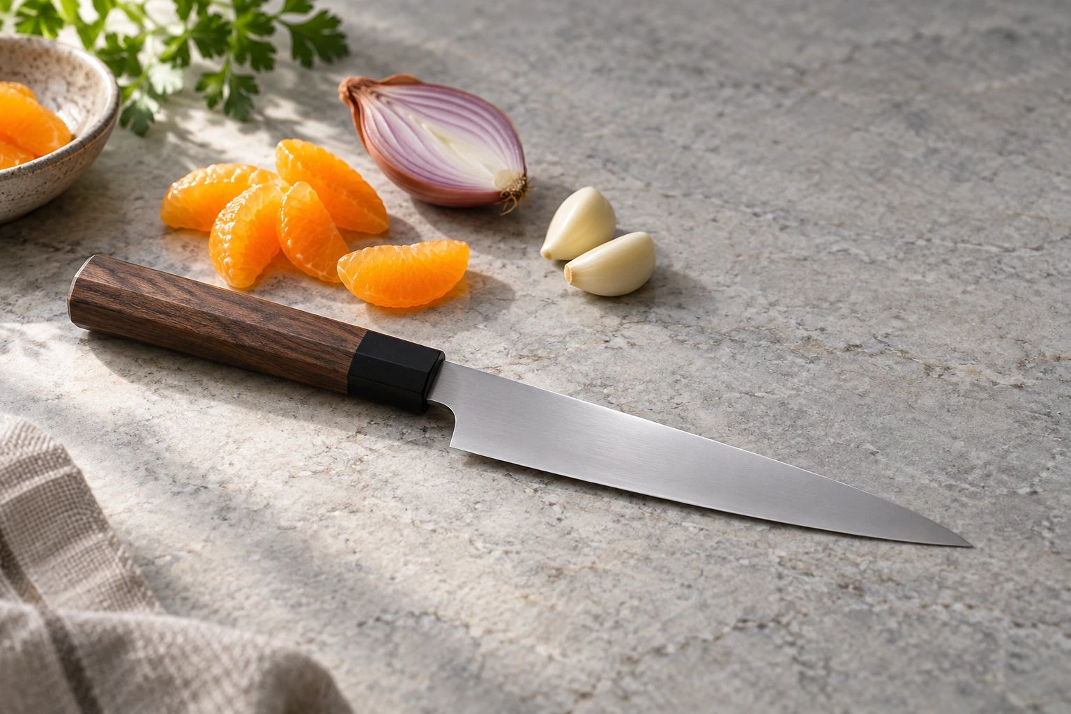 A petty knife on a pale stone slab with orange segments, a halved shallot and peeled garlic