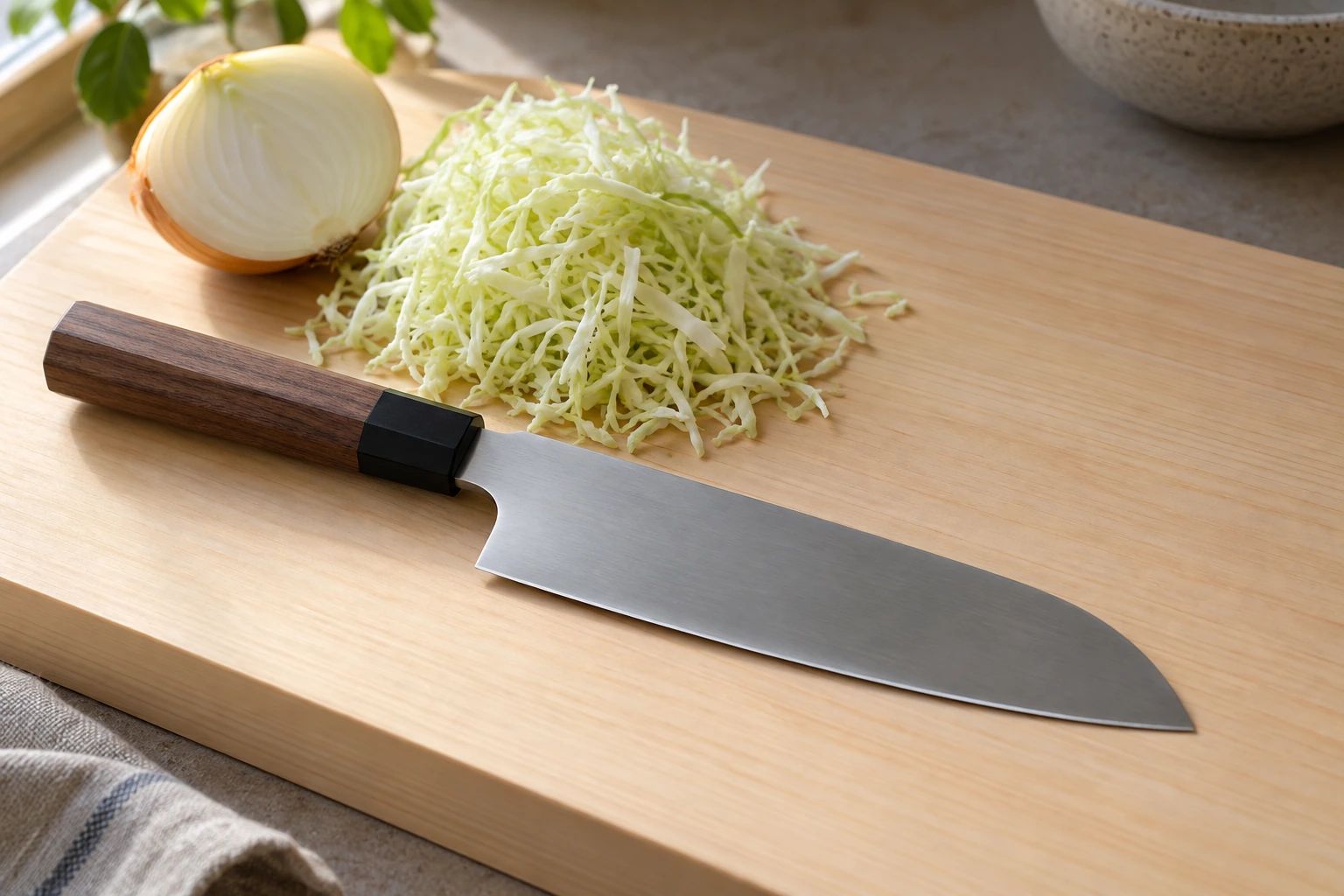 A santoku on a hinoki board with shredded cabbage and half an onion