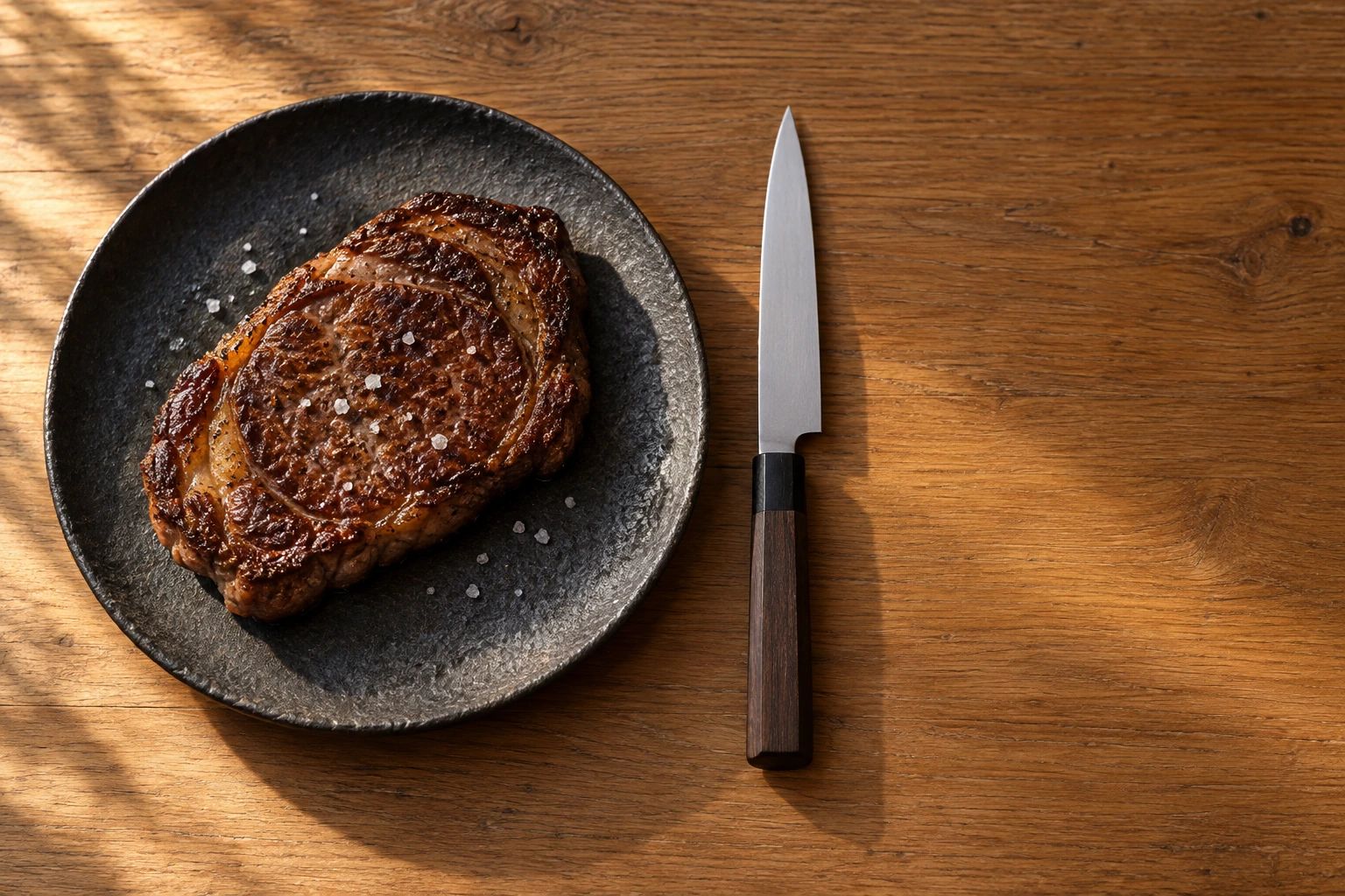 A straight-edged steak knife beside an uncut seared steak on a dark stoneware plate, seen from above