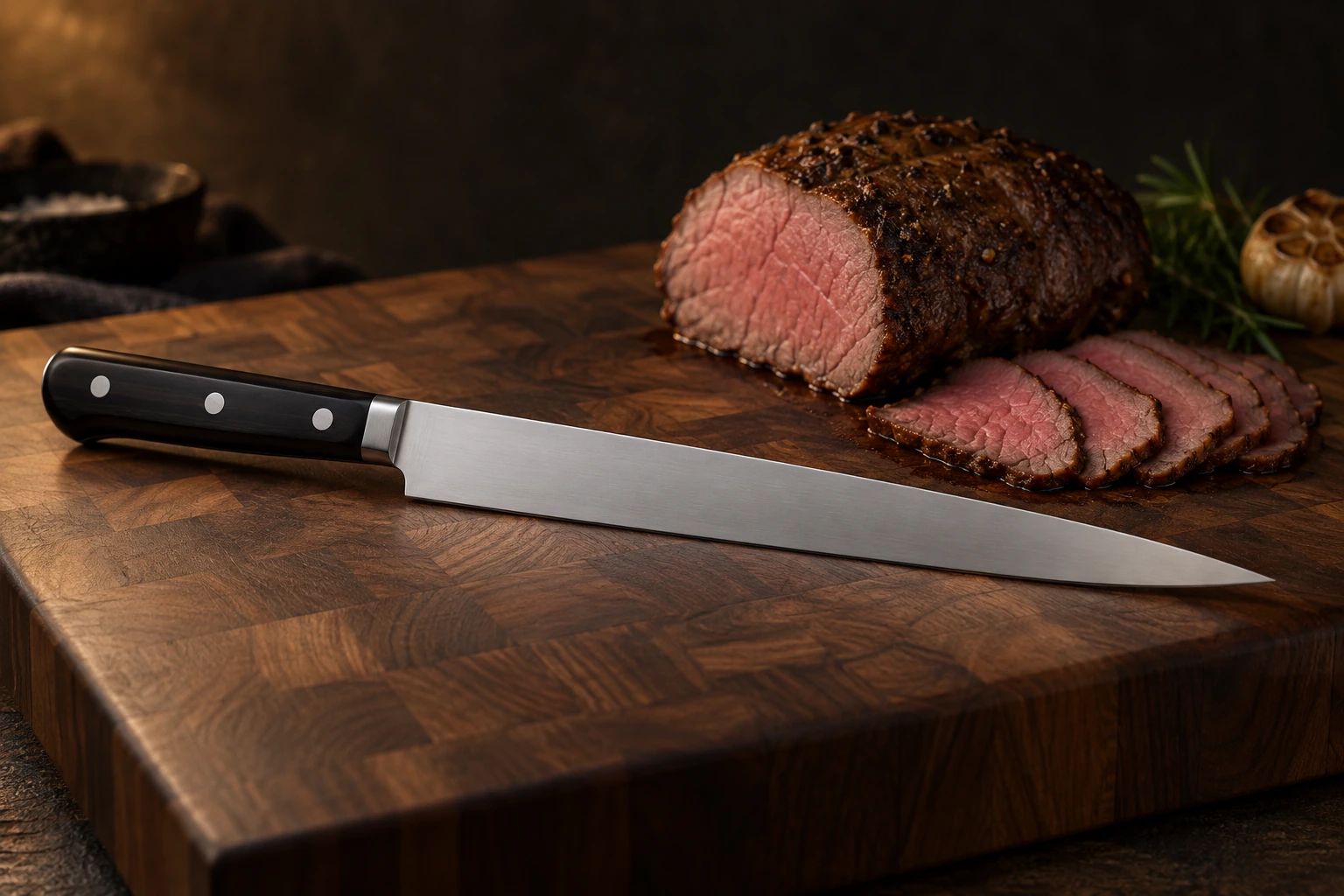 A long, narrow sujihiki with a riveted Western handle on a walnut board beside sliced roast beef