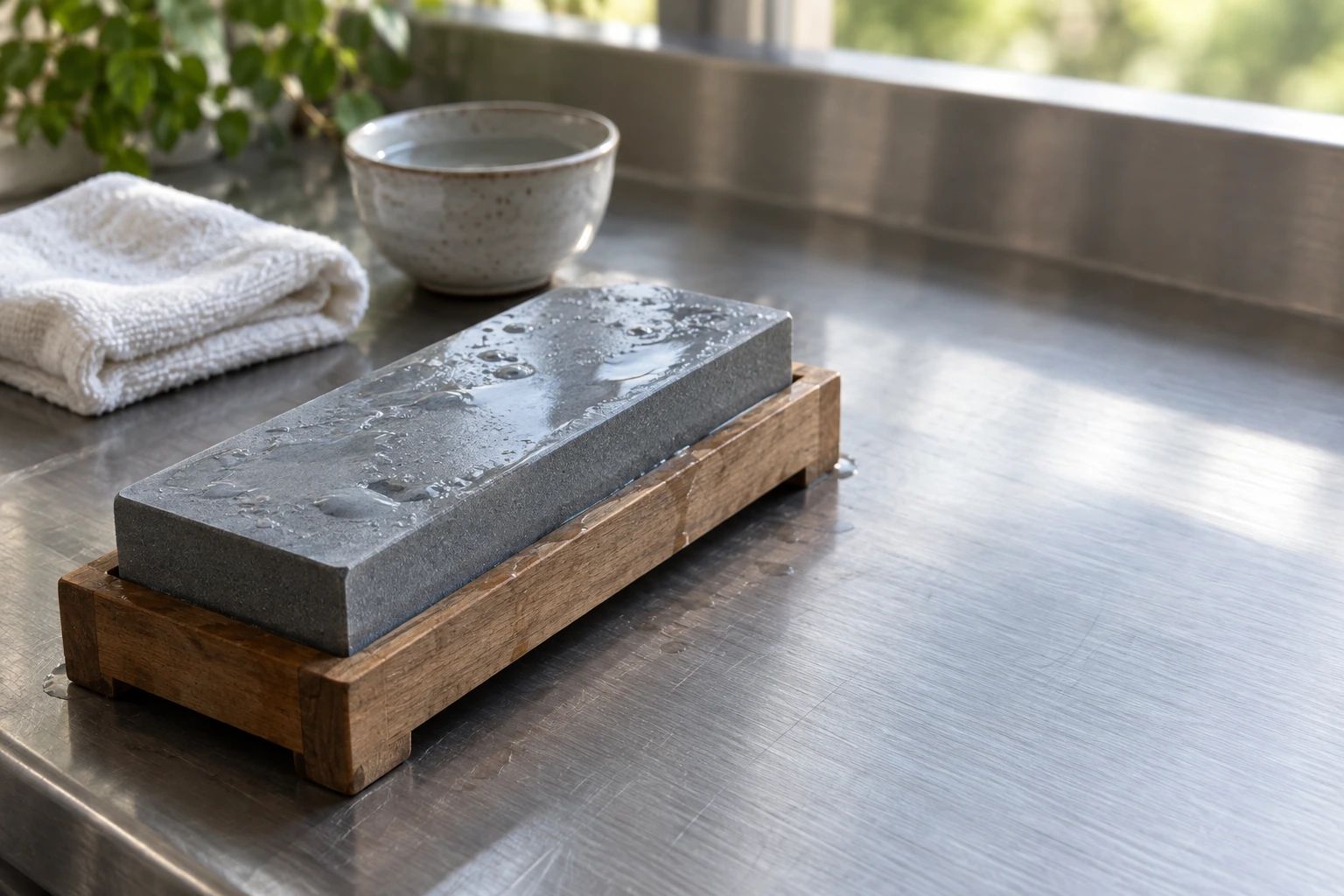A single grey whetstone in a wooden holder on a steel counter, with a water cup and a white towel