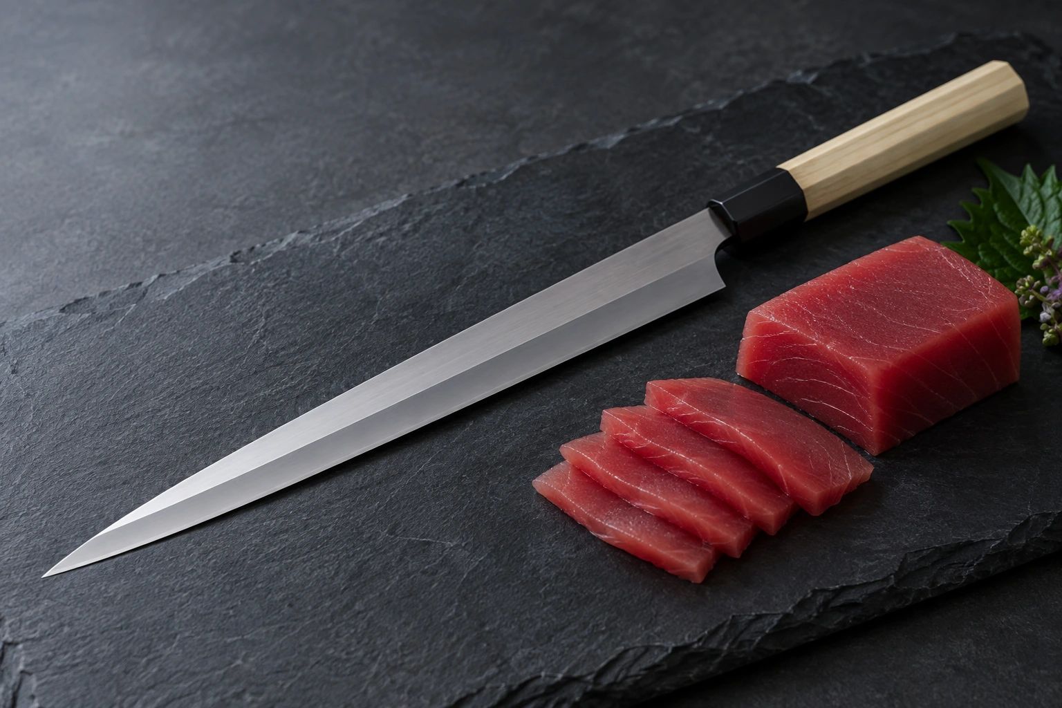 A yanagiba on dark slate beside a block of tuna and a few slices of sashimi
