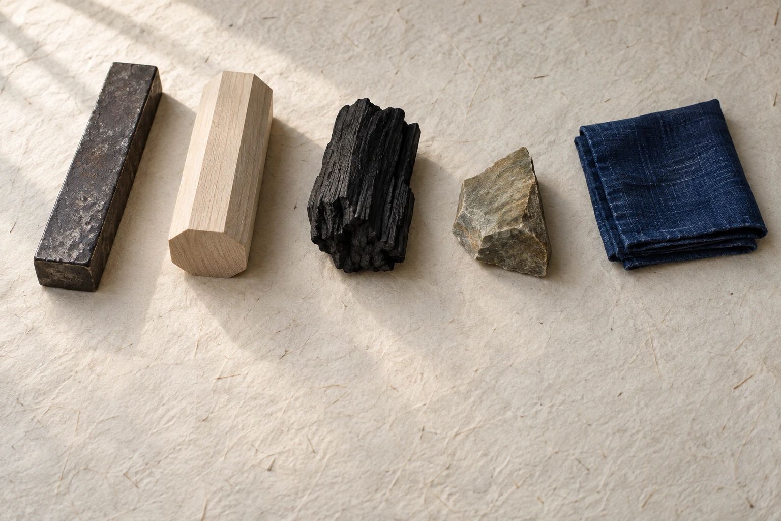 Five materials spaced out on washi paper: a forged steel bar, a handle blank, charcoal, whetstone and indigo cloth