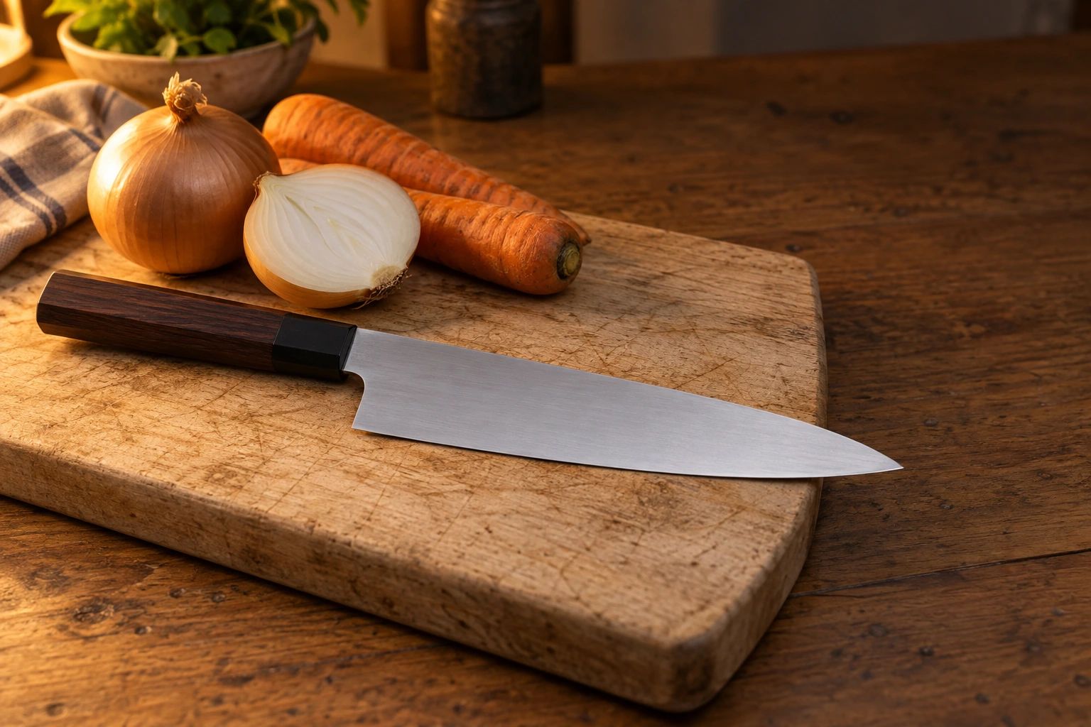 A gyuto on a worn wooden cutting board with onions and carrots in warm evening lamplight