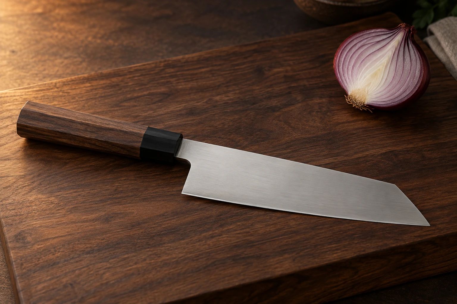 A bunka knife with an angled K-shaped tip on a dark walnut board beside a halved red onion