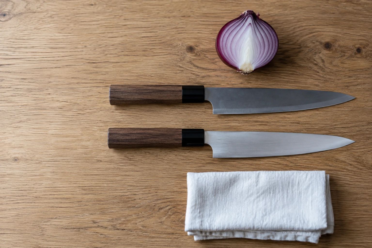Two identical petty knives on an oak table, the upper with a grey carbon-steel patina, the lower bright stainless