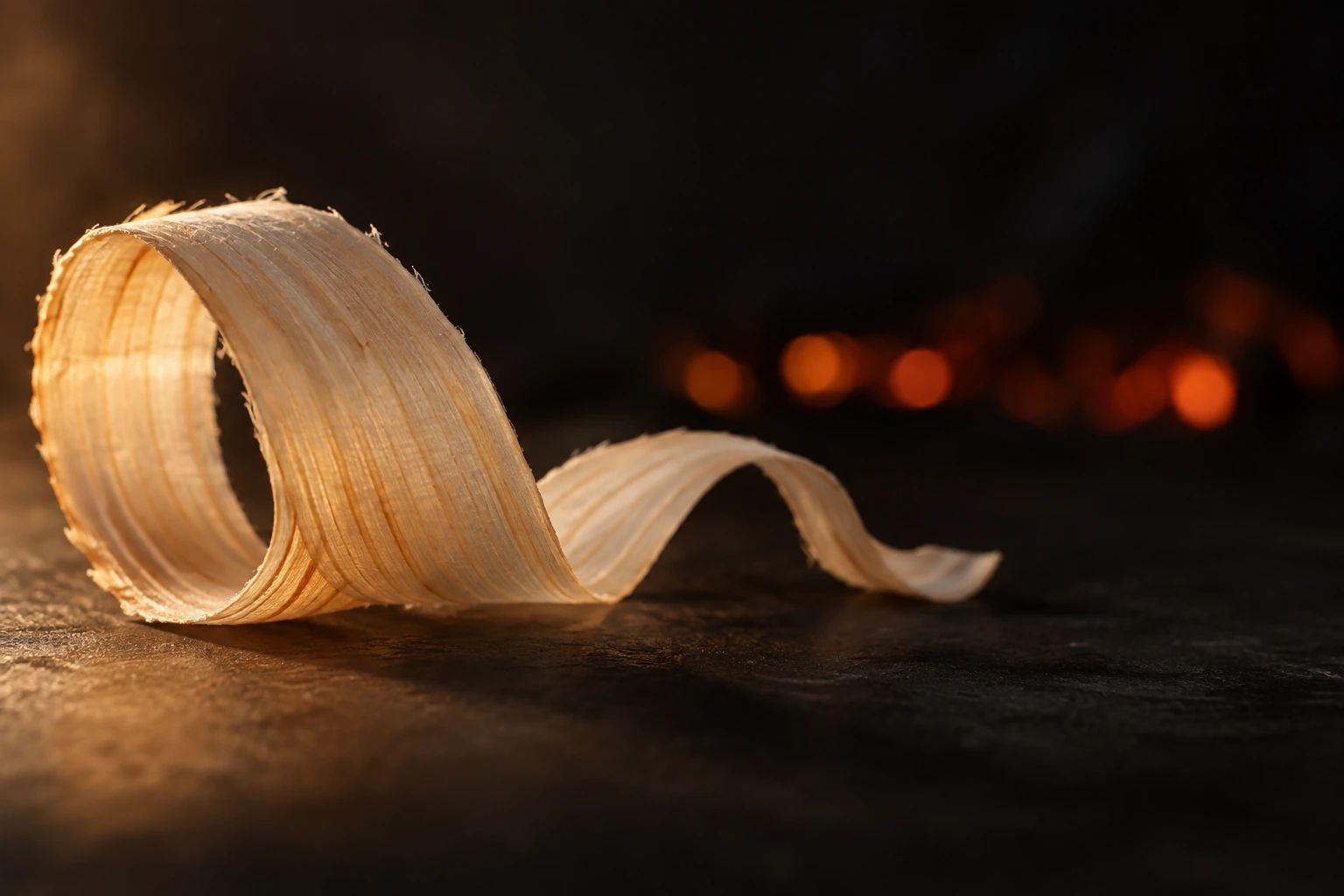 A long curl of hinoki wood shaving on a dark surface, with glowing embers blurred behind it
