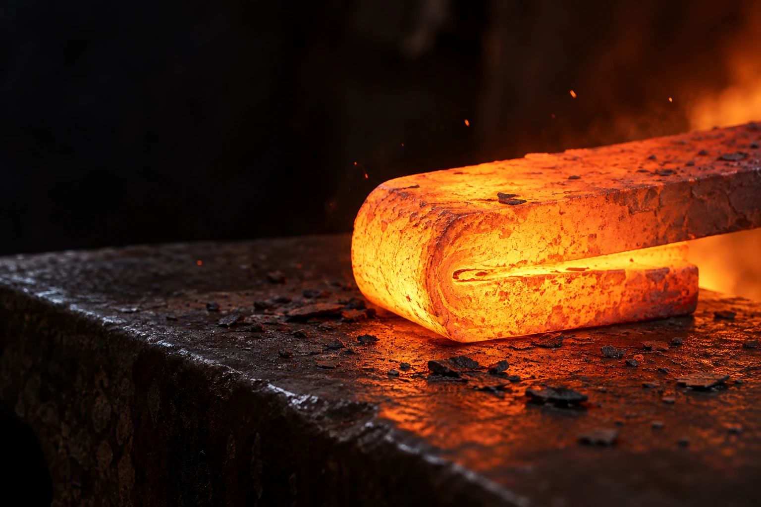 A red-hot steel billet folded over on itself on an anvil, the fold line visible