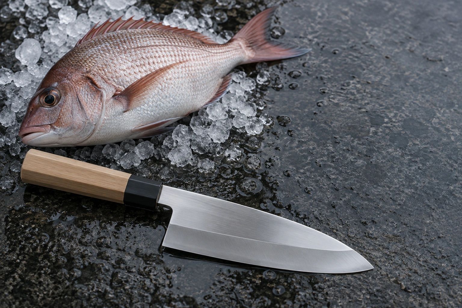 A deba knife on wet black granite beside a whole sea bream on crushed ice