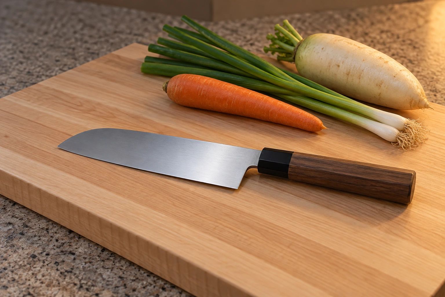 A new santoku on a maple cutting board with a whole carrot, green onions and a small daikon