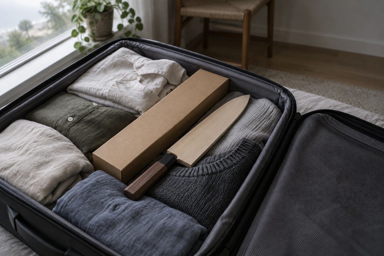 An open suitcase with a knife in a wooden saya and a plain cardboard box packed between folded shirts and sweaters