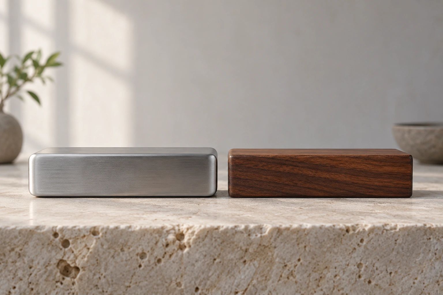 A brushed stainless bar and an oiled dark wooden block of the same size side by side on pale limestone
