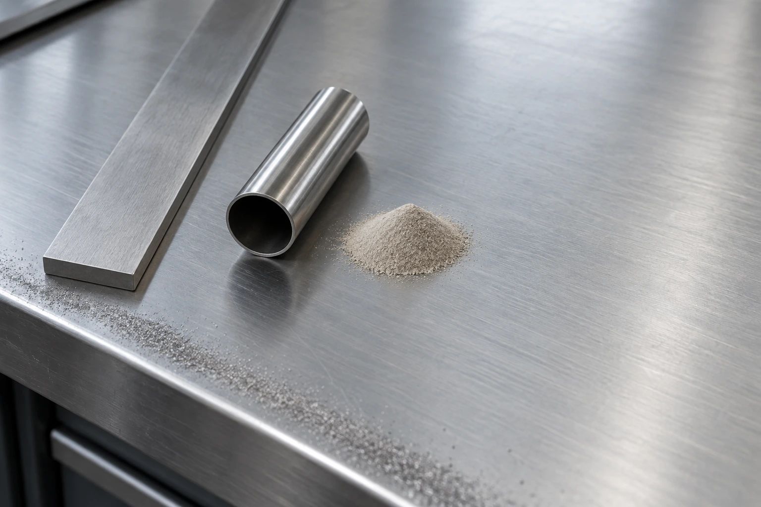 A brushed stainless flat bar, a seamless hollow steel tube and a small heap of fine sand on a steel workbench