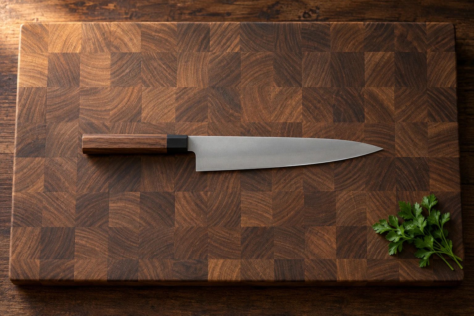 A single gyuto placed parallel to the long side of a large walnut end-grain board, with a sprig of parsley