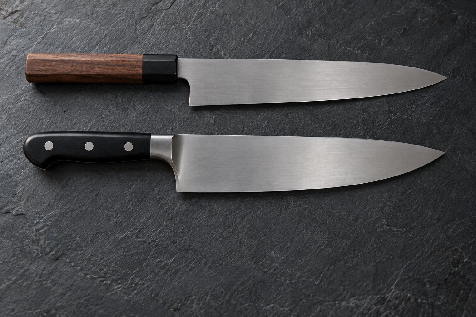 A gyuto with a wooden wa handle above a Western chef's knife with a bolster and three rivets, on slate