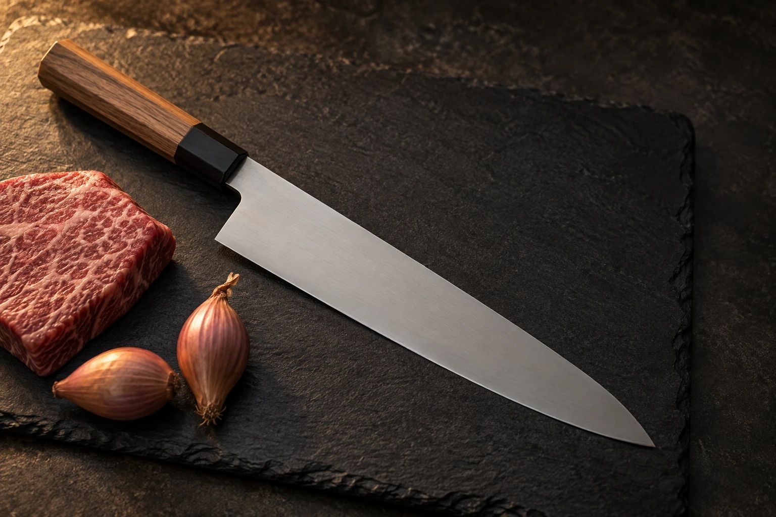 A gyuto on dark slate with a block of marbled beef and two shallots