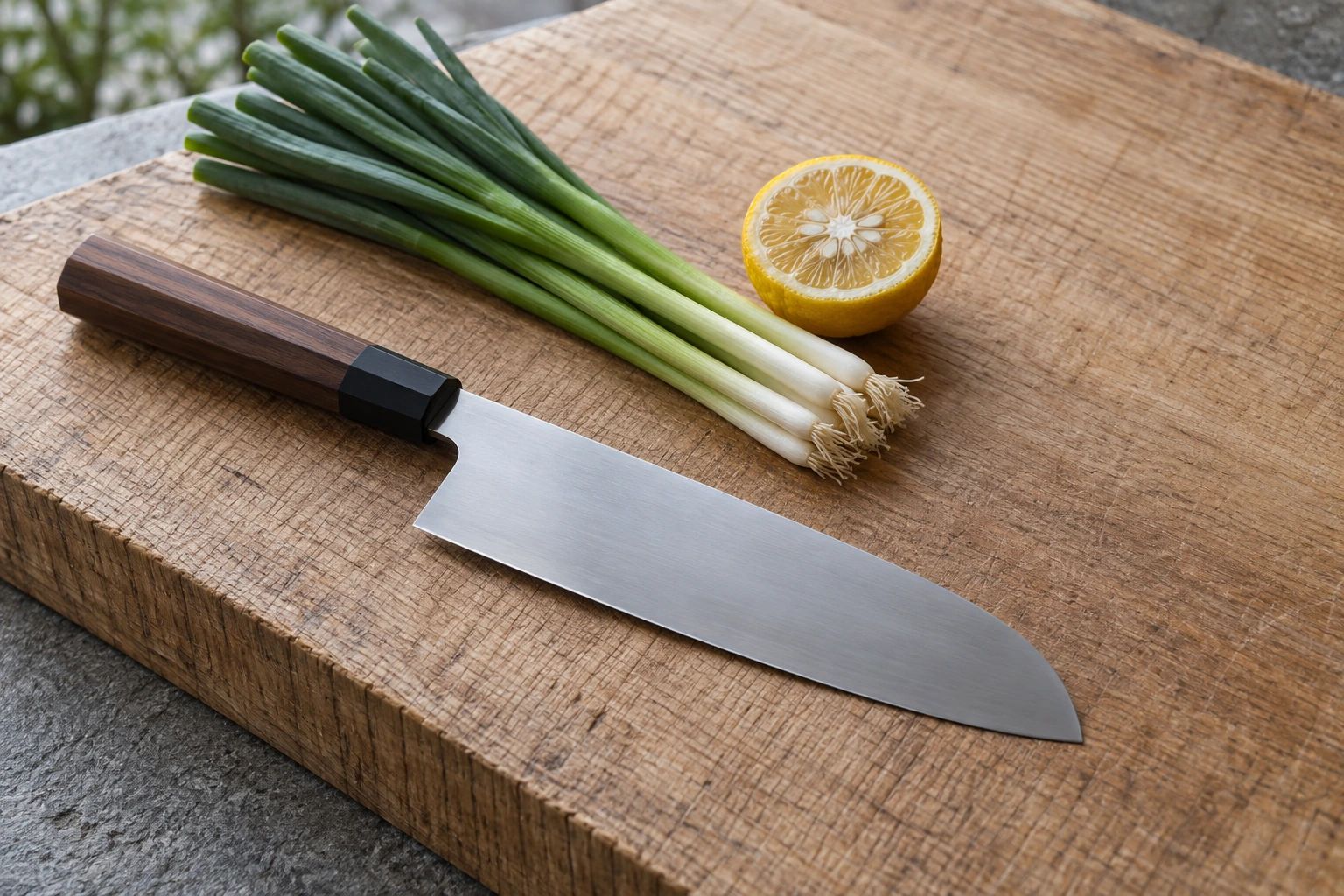 A santoku on a rough-sawn cedar board with a bunch of thin green onions and a halved yuzu
