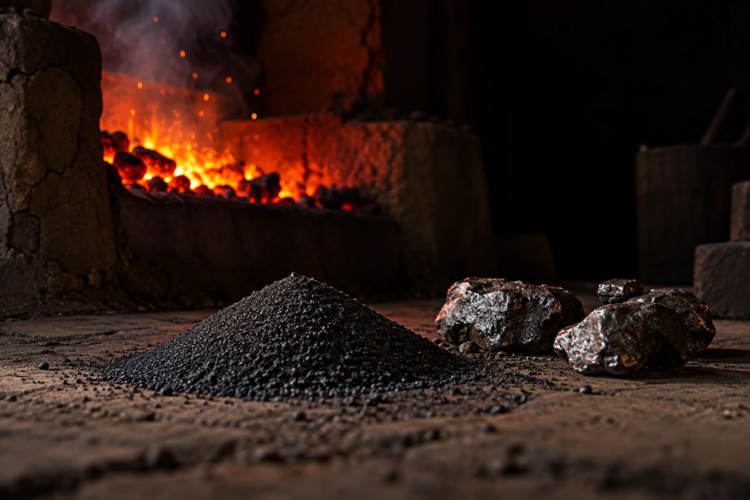 A heap of iron sand and lumps of raw steel on the earthen floor of a dim smithy, with a charcoal fire behind