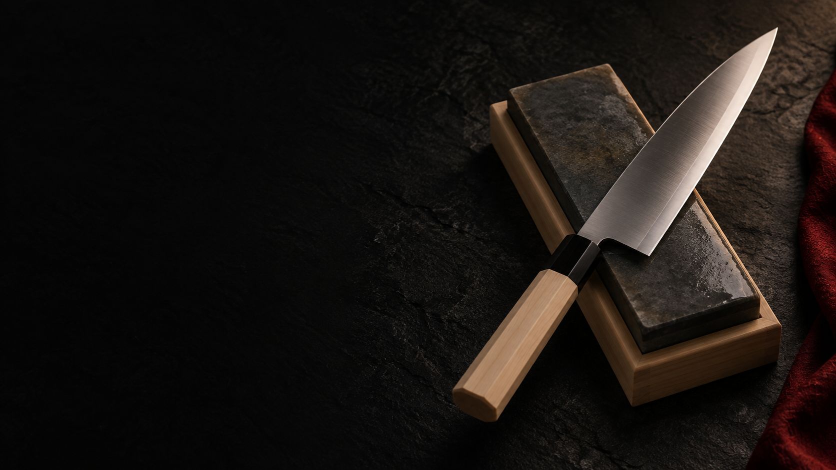 A Japanese chef’s knife resting on a whetstone