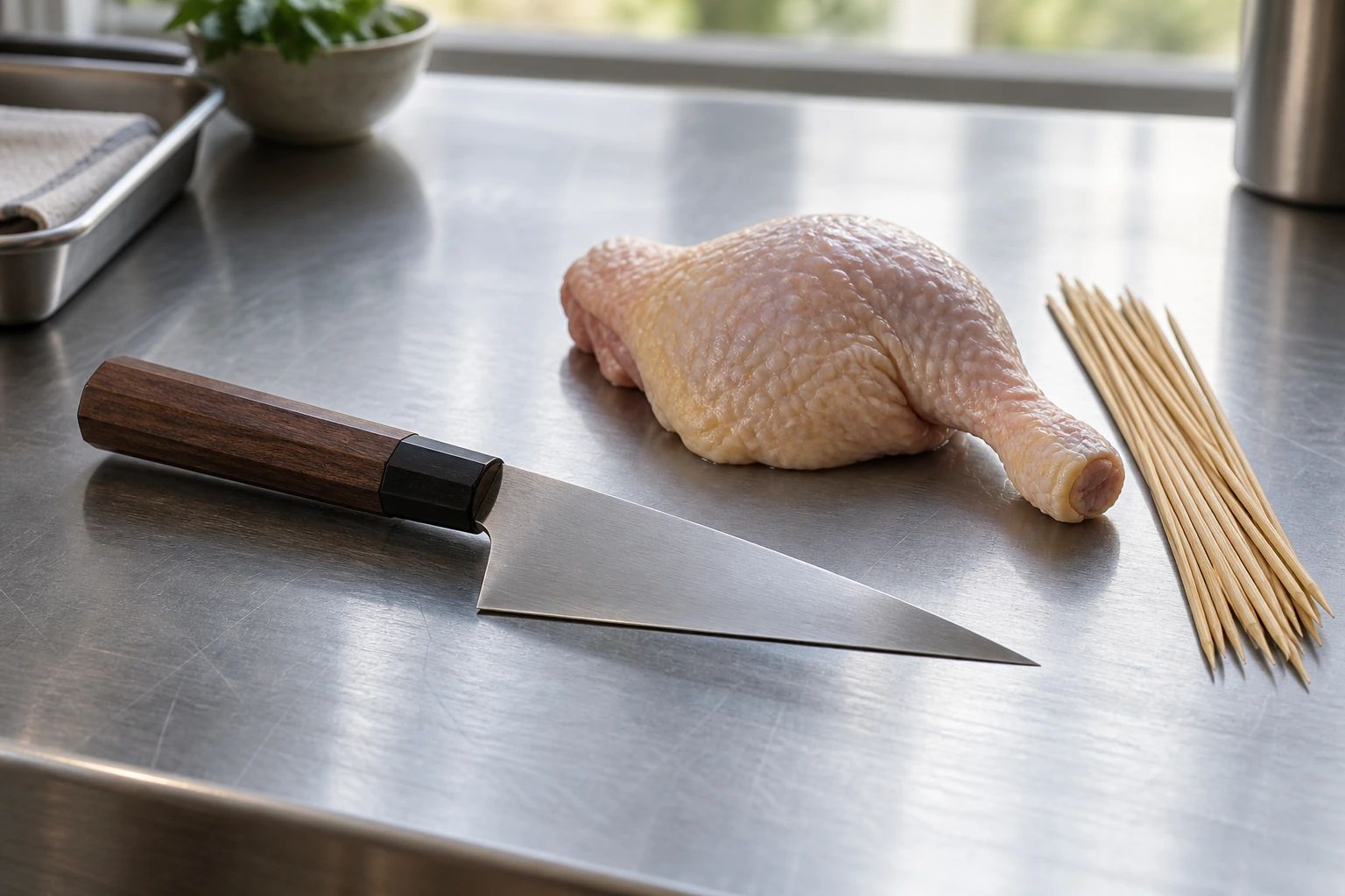 A triangular honesuki on a steel worktop beside a raw bone-in chicken thigh and a bundle of bamboo skewers