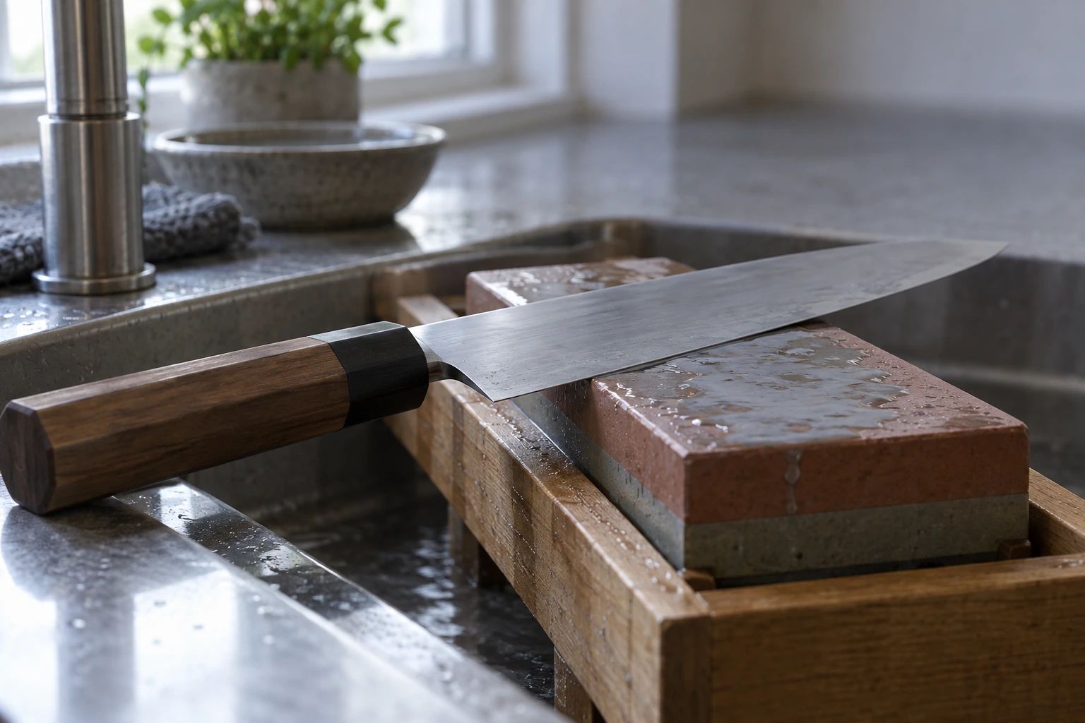 A gyuto laid at a low angle on a wet two-layer whetstone in a wooden holder across a sink