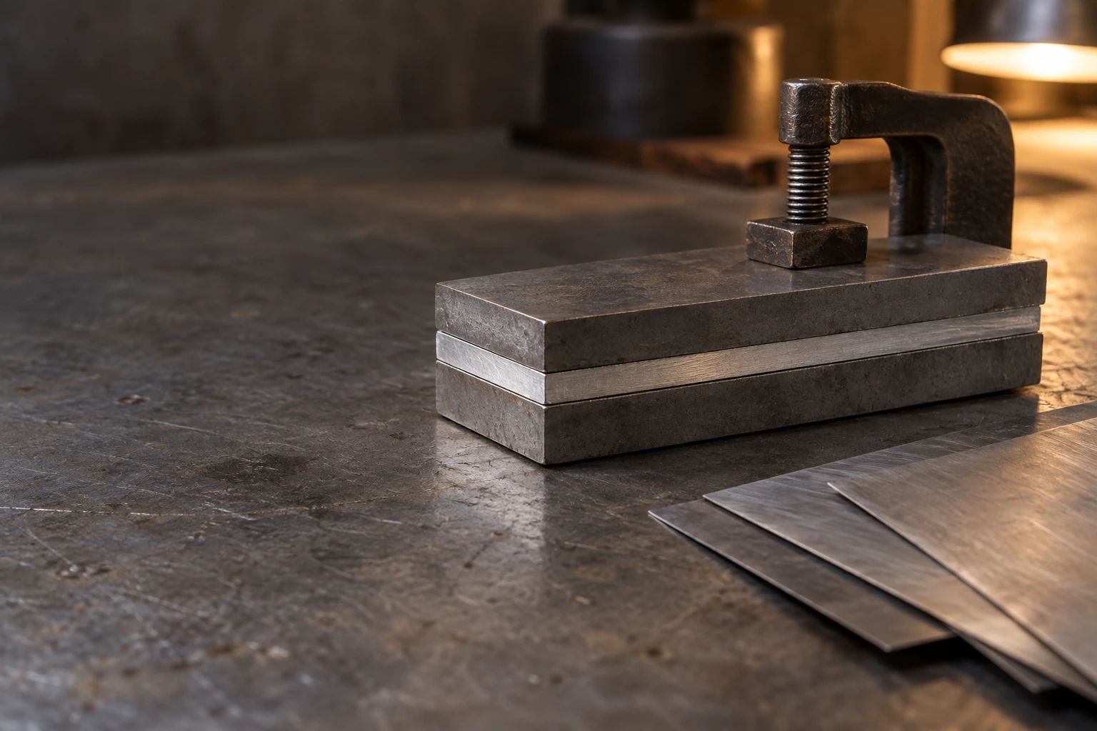 Three stacked steel plates held in a small clamp, a bright core sheet between two duller outer layers
