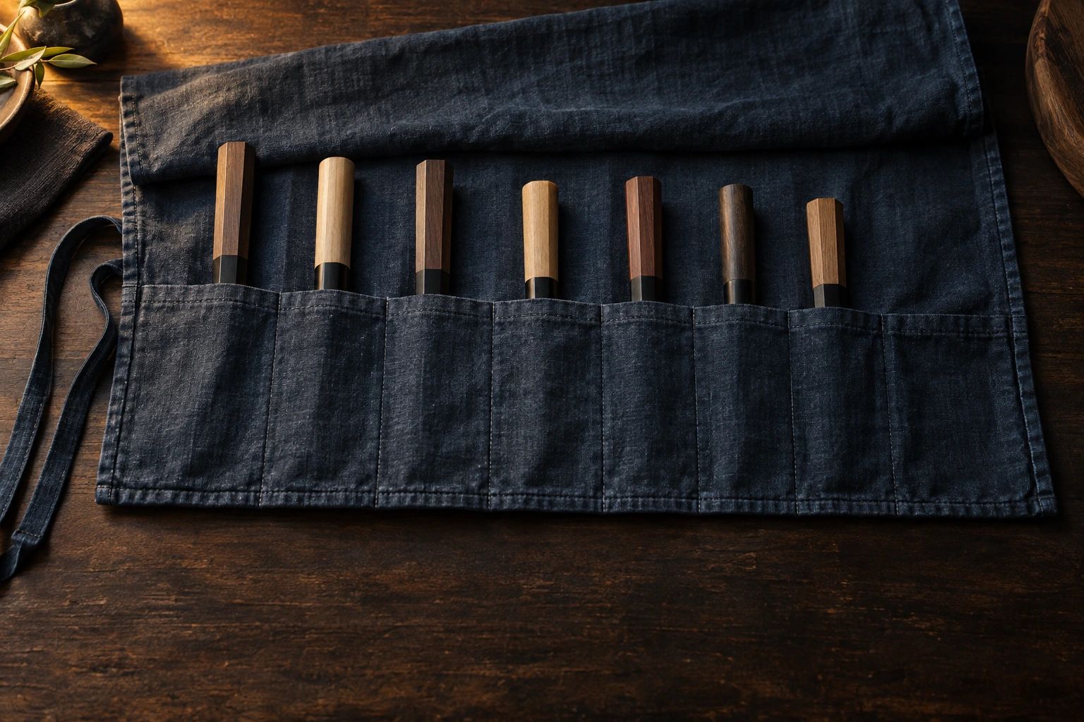 A half-unrolled indigo canvas knife roll showing only the wooden handles of the knives in its pockets