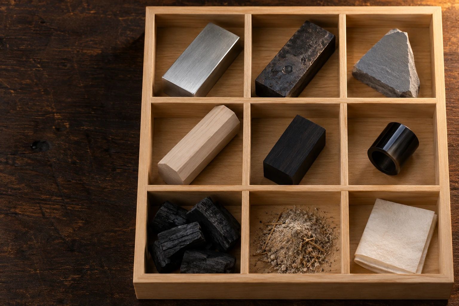 A hinoki compartment box holding knife materials one per section: steel offcuts, stone, wood, horn, charcoal, ash and washi
