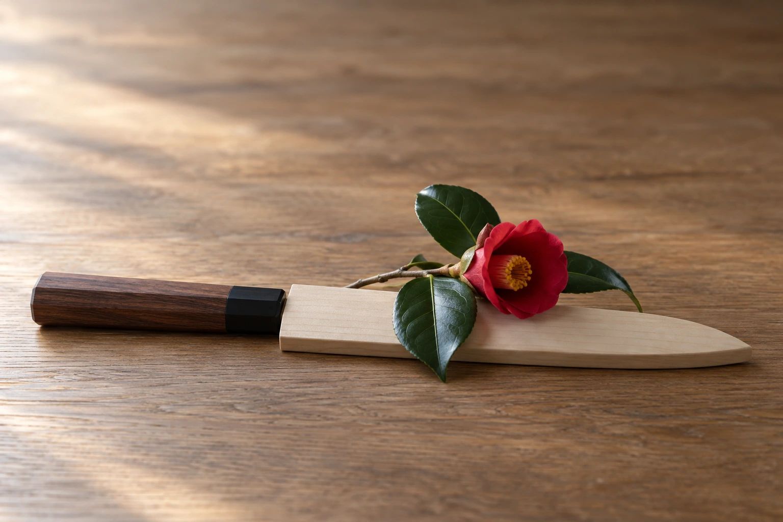 A knife in a plain wooden saya with only the handle showing, and a camellia sprig on an oak table