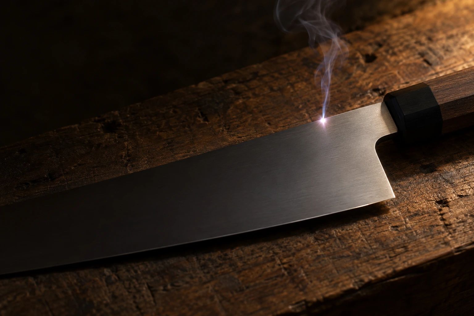 A point of light touching the bare steel near a knife's heel, with a thin wisp of smoke rising