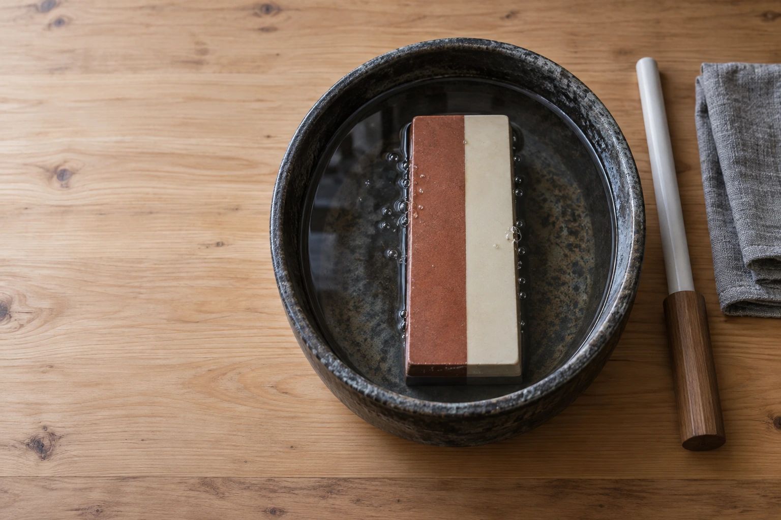 A two-layer whetstone soaking in a dark ceramic basin, with a ceramic honing rod and a linen cloth beside it